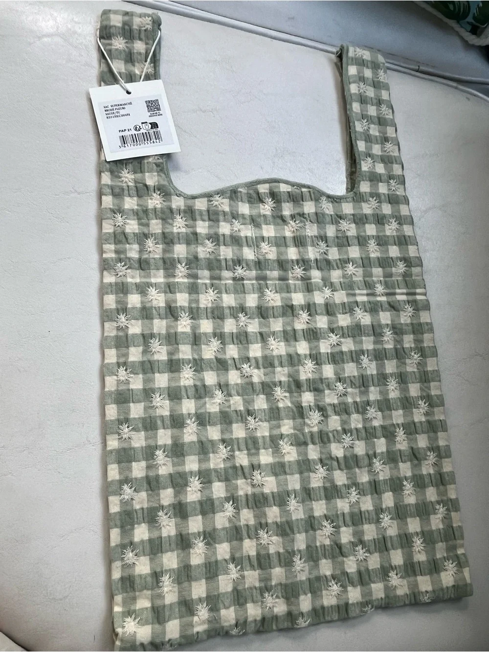 NWT Sezane Sage Green and White Gingham Embroidered Tote